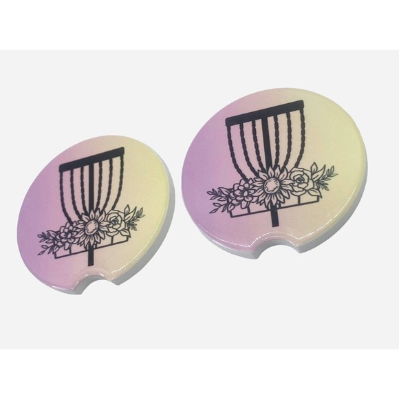 2 Pack DISC GOLF BASKET Car Drink Coasters Pink Yellow Ceramic Car Cup Holders - Picture 5 of 6